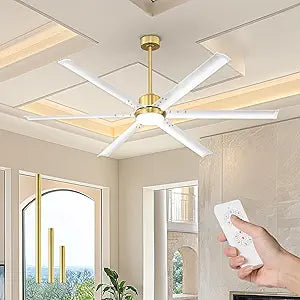 72 Inch Ceiling Fan with Light, Industrial Aluminum Blades, DC Motor 6 Speed Reversible,Covered Outdoor Porch, White and Gold,CF06BGW-72