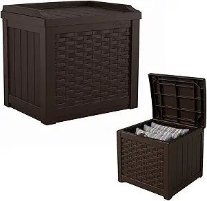 Suncast Outdoor Deck Box - 22 Gallon Java Resin Outdoor Storage Box, Weatherproof Patio Storage Bin Container for Seating & Organizing Cushions, Tools & Towels for Pool, Yard, & Garden