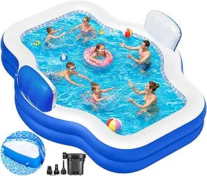 Inflatable Swimming Pool with Seat Pump, 121" X 90" X 22" Blow-Up Pool for Kids Adults Oversized Thickened Kiddie Pool Family Full Sized Inflatable Pools for Garden, Backyard, Outdoor Water Party
