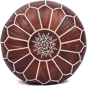 Moroccan Leather Handmade Pouf Ottoman Cover, Unstuffed Foot Stool, Round Boho Footrest for Living Room, Bedroom, Home Decor Gift (Dark Brown)