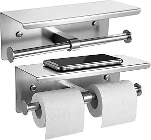 2 Pcs Double Toilet Paper Holder with Shelf, Wall Mount Tissue Roll Holder for Bathroom, 304 Stainless Steel Commercial Toilet Tissue Dispensers with Phone Shelf (Natural)