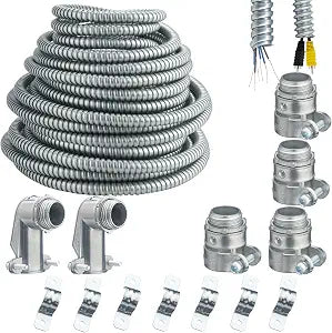 (1/2 inch-50 feet) eflyefly 1/2 Flexible Metal Electrical Conduit Kit50 Feet of 1/2-inch Flexible Steel Conduit with 4 Pieces Couplings, 2 Pieces Elbows and 7 Pieces Strap