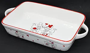 Rectangular Bake Dish with Handles, Mickey and Minnie, White and Red Design, 12.5x8.5x3