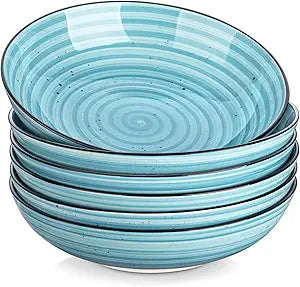 vancasso Bonbon Pasta Bowls Set of 6, 38 Oz Ceramic Salad Bowls, Wide and Shallow Bowls Set, Large Serving Bowls for Kitchen, Blue
