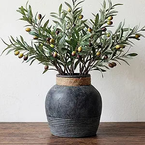 Relexome Black Terracotta Rustic Ceramic Farmhouse Vase,9.5" Round Flower Vase,Vintage Antique Stone Clay Handmade Distressed Decorative,Home Living Room Kitchen Table Shelf Decor