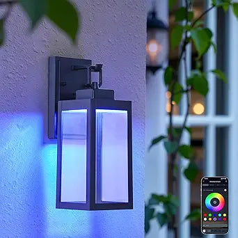 Classic Outdoor Wall Lantern, Black Aluminum Smart Exterior Wall Sconce with Tuya App Control, RGB Color Changing & Dimmable Porch Light with Timer, 30+ Scene DIY Modes, Compatible with Alexa