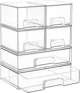 Vtopmart Stackable Storage Drawers Set of 6, Clear Plastic Organizer Bins for Bathroom Supplies, Ideal for Cabinet,Shelf, Pantry, Laundry Room Organization