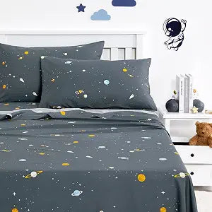 Wake In Cloud - Space Bed Sheets for Boys, 100% Cotton, 4-Piece Sheet Set Kids, Galaxy Celestial Stars Rockets Planets Pattern Printed Bedding, Deep Pocket, Gray, Twin Size