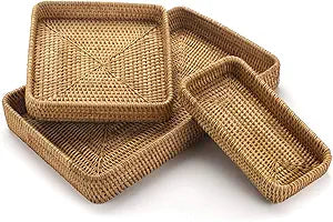 Rattan Serving Tray Set of 3, Rectangular Woven Tray, Natural Wicker Decorative Serving Tray, CoffeeTabletop Vanity Organizer, Bathroom Kitchen Counter, (S 4.3 x 8.3), (M 8.3 x 8.3), (L14.6  9.1)