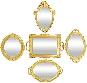 5 Pcs Vintage Gold Mirror Set Jewelry Dresser Organizer Tray Including Antique Shield Shape Square Decorative Small Oval Wall Decorative Mirror for Wedding Bedroom Victorian Decor(Gold)