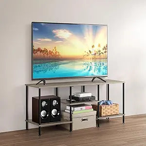 BTY TV Stand for Living Room Modern TV Console with Storage 50 Inch Small Wood Entertainment Stand with Open Storage Shelves for Bedroom, Small Space, Grey