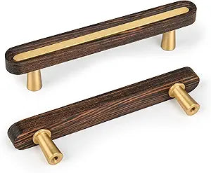 SALISENG-Solid Brass and Wooden Kitchen Cabinet Pulls, 5 Pack 3-3/4 Inch Brass Dresser Drawer Handles, Modern Furniture Hardware Pulls for Bathroom Bedroom Living Cabinets