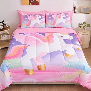 Twin Bedding Sets for Girls 5 Piece,3D Colorful Unicorn Comforter Set for Girls, Ultra Soft and Fluffy, Pink & Rainbow Bed in a Bag with Comforter Sheets Pillowcase & Sham