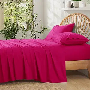 Entisn Pure Cotton Sheets Queen Size Bed Set 4 Pieces, 400 Thread Count Cotton Sheet Set with All Around Elastic for Snug Fit, All Seasons Breathable & Soft Bedding, 16 Inch Deep Pocket, Hot Pink