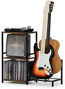 YAKANJ End Table with Guitar Stand,Record Player Stand,Vinyl Records Storage,2-Tier Guitar Stand for Acoustic,Turntable Stand for Music Studio-Brown
