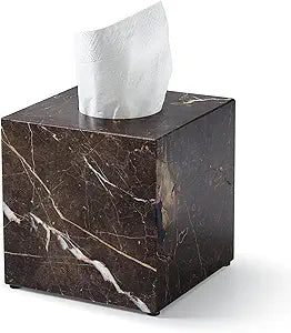 Real Natural Marble Tissue Box Cover, 5.5 Inch Square Marble Tissue Box Holder with Open Bottom, Heavy Stone Decorative Organizer for Bathroom Vanity, Kitchen Countertop, Luxury Home Dcor