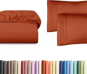 King Size Fitted Bed Sheet + 2 Pillowcases Bundle - Hotel Luxury Single Fitted Bottom Sheet Only - Fits Mattress w/ Deep Pockets Between 8 to 16 inches - Soft, Breathable & Wrinkle Free - Terracotta