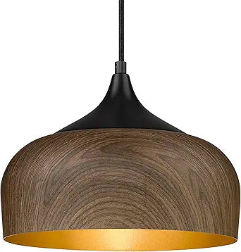 ELYONA Modern Pendant Light Walnut Wooden Pattern Dome Pendant Light Fixture Matte Black Metal Gold Inner Finish Adjustable Hanging Lighting for Kitchen Island Dining Room Office Hallway Foyer Bedroom