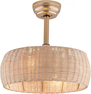 LOYALHEARTDY Rattan Caged Fandelier with Lights - 18in Bamboo, 6-Speed Reversible, Remote Control - Boho Woven Wicker Ceiling Fan
