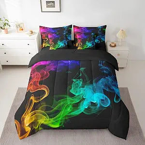 Erosebridal Rainbow Smoke Twin Comforter Set Hippie Smoky Bed in A Bag 7 Piece for Kids Boys Girls Adults Abstract Grunge Bedding Comforter Sets Teal Blue Fog Bed Sheet Set with Comforter