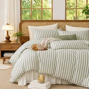 Striped Comforter Set Twin Size Sage Green White and 1 Pillowcase