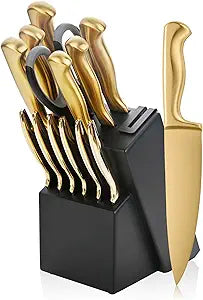 15-Piece Gold Kitchen Knife Block Set with Sharpener, Stainless Steel Knives Set for Kitchen, Chef Gold Kitchen Knife Sets with Scissors, Steak Knives