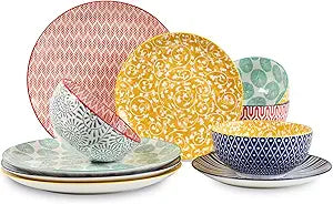 Selamica Ceramic Dinnerware Sets, 12-Pieces Plates and Bowls Sets, Scratch Resistant Dishes set for 4, Dishwasher & Microwave Safe, Assorted Colors