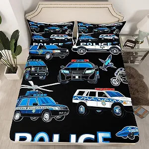 Erosebridal Police Car Full Bed Sheets Blue Red Cop Lights Decor Fitted Sheet for Boys Girls Policeman Vehicle Bed Set Geometric Stripes Bedding Sets Cartoon Police Car Bedding