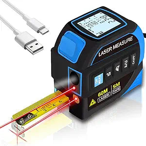 Menider 4-in-1 Laser Measure Tool - Digital LCD & Self-Locking, 196ft/60m Laser & 16ft/5m Tape, Cross Line & Dual-Axis Angle, Rechargeable for Pros