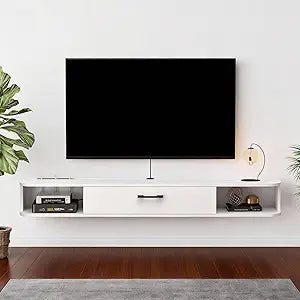 Floating TV Unit, 47'' Wall Mounted TV Cabinet, Floating Shelves with Door, Modern Entertainment Media Console Center Large Storage TV Bench for Living Room & Office (47.24IN, White)