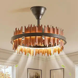 19.7 Rustic Caged Ceiling Fan with Light, Farmhouse Wood Fandelier Ceiling Fan, 6 Speed and Reversible, Dimmable LED Chandelier Fan with Charred Leaves for Bedroom, Kitchen, Living Room