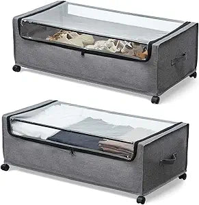 FOUCSSOMEI Under Bed Storage with Wheels, Rolling Under bed Storage with Metal Frame, Under Bed Shoe Storage for Space Saving, Zippered Clear Lid, Heavy-Duty Steel Base for Clothes