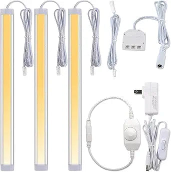 Under Cabinet LED Light Bar, 12" Bar Light for Kitchen Counter, Collection Display, Curio Cabinet Accent Lighting, Rotary Dimmer Switch, 120VAC Plug in, White Cord, 3 Lights, Warm White