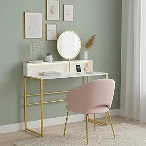 FurnitureR Vanity Desk with Circular Mirror 2-Tier Dressing Table with Partition, Modern Simple Makeup Vanity Dresser Multifunctional Dressing Desk for Bedroom, 40.5-Inch, White/Gold