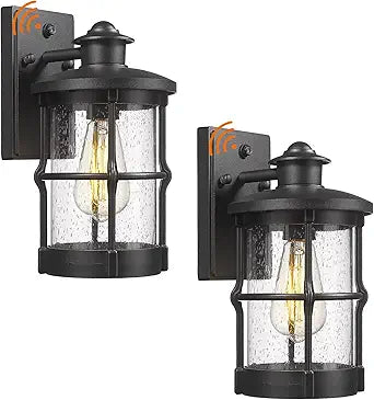 Outdoor Wall Sconces, Dusk to Dawn Outdoor Wall Lights, Exterior Wall Mount Lighting, Wall Light Fixture in Black Finish with Seeded Glass, 2 Pack, DDLTM-W-2Pack