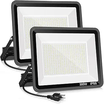 YANYCN 2 Pack 300W LED Flood Light Outdoor,2000W Equivalent 43500LM 5000K Daylight White Super Bright FloodLight with Plug,IP66 Waterproof Commercial Lighting for Sports Fields,Counts,Arena,Stadium