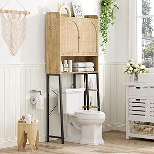 Rattan Over The Toilet Storage Cabinet with Adjustable Shelf and Large Space, Bathroom Organizers and Storage Over Toilet with Rattan Door, Metal Stand, Tall Storage Shelves Above Toilet, Natural