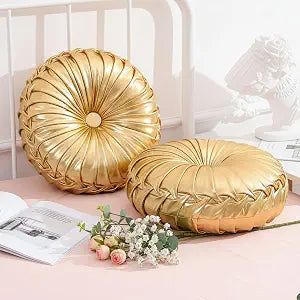 Drydiet 2 Pcs Round Throw Velvet Pillows Decorative Pleated Throw Pillows Diameter Accent Pumpkin Boho Chair Cushion for Couch Sofa Home Decoration (Gold,15'')