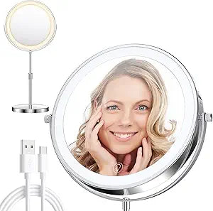 Professional 9" Lighted Makeup Mirror with Magnification, 1X/20X Double-Sided Vanity Mirror, 3600 Lux Ultra-Bright 80 LED, 5000mAh Rechargeable, 3 Color Mode, Stepless Dimming, Chrome Finish, Gift Box