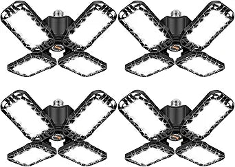 Tudoccy LED Garage Light 4 Pack, 120W Ultra Bright LED Shop Light with 4 Adjustable Panels, 18000LM E26/E27 Base Deformable Ceiling Fixtures for Garage, Workshop, Attic, Basement, Barn (Black-4 Pack)