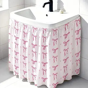 Shudyear Bathroom Vanity Sink Skirt - Waterproof Sink Curtain with self-Adhesive Strip, Cute Hidden Storage Fabric Skirt for Bathroom Decoration and Organization (Pink)