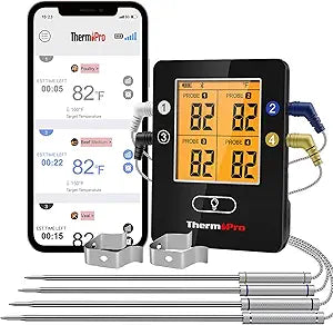 ThermoPro TP25 650FT Bluetooth Meat Thermometer with 4-Probes, Smart Rechargeable Wireless Meat Thermometer for Grilling, Smoker, Oven, Kitchen, BBQ Thermometer with Alarm, Temperature Graph, Black