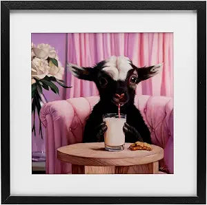 Baby Goat Sipping Milk Farmhouse, 13 x 13 Inch Framed Print Under Glass