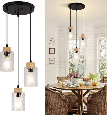 3-Light Pendant Light Fixtures, Black Pendant Lights Kitchen Island, Adjustable Pendant Lighting with Clear Hammered Glass Shade, Modern Hanging Light Fixtures for Dining Room, Hallway, Living Room
