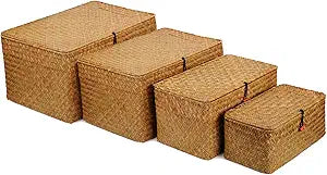 4 Pack, Wicker Baskets with Lids, Nautral Seagrass Storage Baskets, Woven Rectangular Basket Bins, Rattan Storage Organizer for Shelf