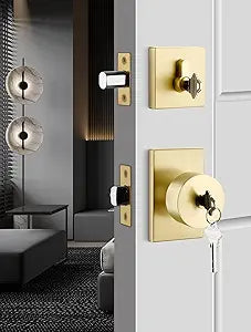 Goldenwarm Gold Exterior Door Lock Set, Square Contemporary Keyed-Alike Brushed Gold Door Knob and Deadbolt Set, Heavy Duty Brass Door Locks for Front Door (1 Pack)