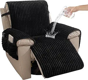 HAOMAIJIA Faux Fur Recliner Chair Covers Non-Slip Waterproof Recliner Covers That Stay in Place Warm Thick Lazy Boy Recliner Cover for Dogs Furniture Protector Pet Friendly (Black, 28'')