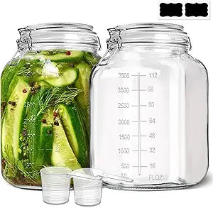 ComSaf 1 Gallon Square Glass Jars with Airtight Lids (135oz, Set of 2), Extra-Wide Mouth Canisters with Measurement Marks for Bulk Flour Storage, Fermenting Kombucha & Pickling