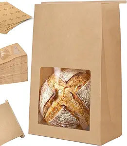100 Pack Large Thick Brown Kraft Paper Boule Bread Bags for Homemade Sourdough Round Artisan Loaf Gifting, Packaging and Storage to Keep Fresh with Window and Wire Tin Tie Tab Closure, 13.6x8.3x4.1in