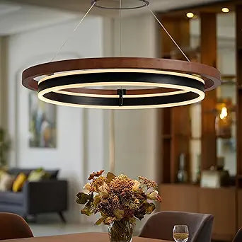 Wood Grain Finish Chandelier,24" Modern LED Chandelier with Remote Control, Farmhouse Dining Room Light Fixture Circular Chandeliers Dimmable Pendant Light for Entry Bedroom Living Room Foyer Kitchen